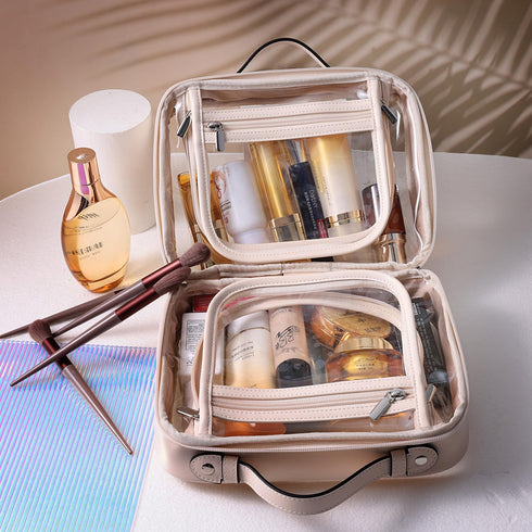 Traveling Toiletry Case, Large Clear Cosmetics Makeup Bag Dimensions | LxWxH:10” x 4.5” x 8” (Beige, Medium)