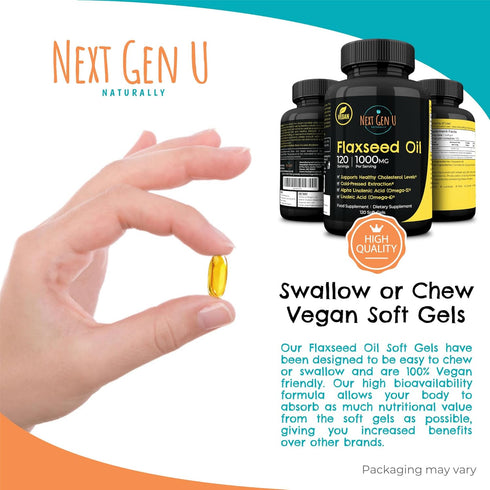 Next Gen U Flaxseed Oil w/Omega 3, 6, 9, Cold Pressed Dietary Supplement, 1000 mg, 120 Vegan Softgels