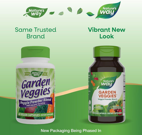 Nature's Way 900 2-Capsule 60 (Packaging Garden Veggies, Veggie Powder Blend, mg per Serving, Vegan Capsules May Vary)