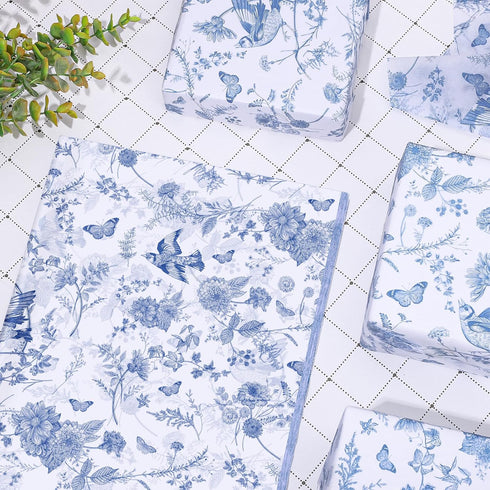 Whaline 100 Sheet Blue Floral Tissue Paper, Chinoiserie Gift Wrapping Paper for Baby Shower, 13.7x19.6 Inch