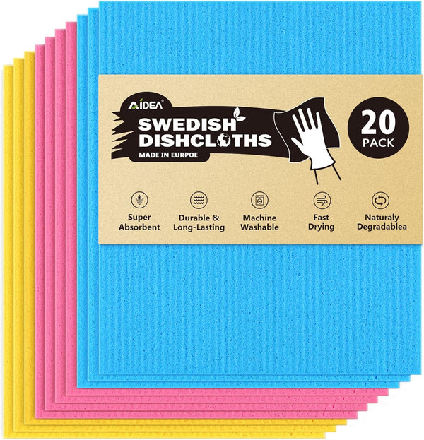 AIDEA Swedish Dishcloths for Kitchen - 20PK Reusable Paper Towels, Eco-Friendly Cleaning Cloths 7"×6"
