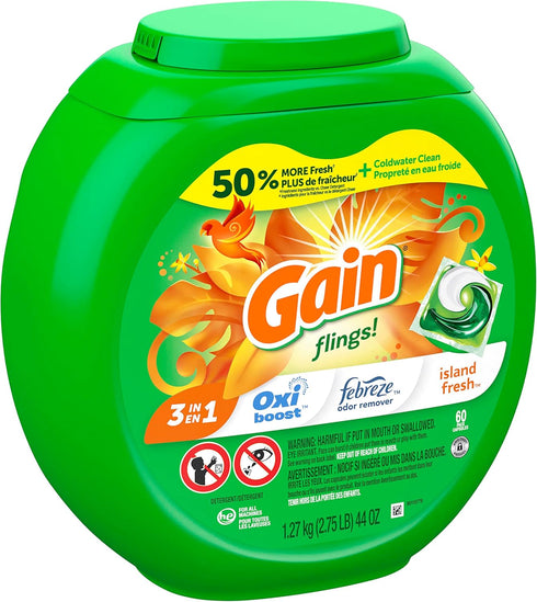 Gain flings! Laundry Detergent Soap Pacs, HE Compatible, 60 Count, Long Lasting Scent, Island Fresh