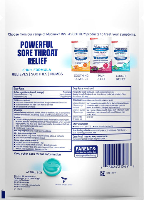 Mucinex Instasoothe Sore Throat Relief + Cough Relief, 40ct Lozenges with Alpine Herbs & Fresh Mint Flavor