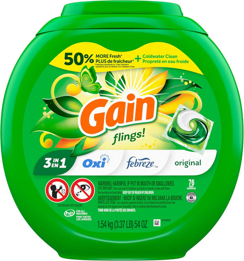 Gain flings Laundry Detergent Soap Pacs, Original Scent, HE Compatible, 76 Count, Long Lasting Scent