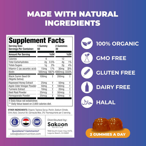 Sakoon Nutrition Black Seed Oil Gummies with Honey, 2%+ THYMOQUINONE, Super Antioxidant for Immune Support, 60 Gummies