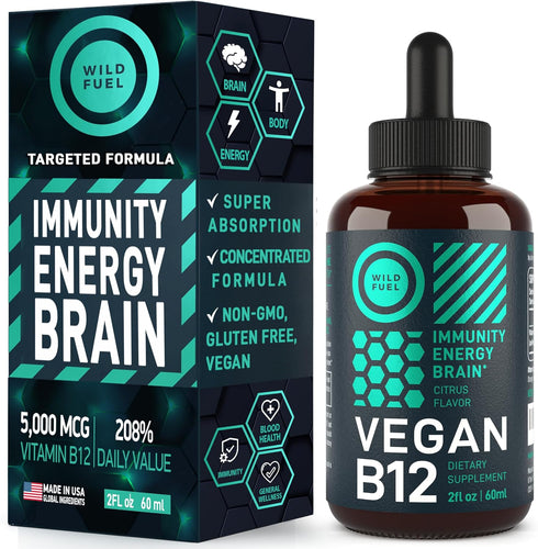 Vegan Vitamin B12 Liquid Drops - Fast-Acting 60 x 5000mcg Methylcobalamin Supplement - Energy, Memory, Mood Support -