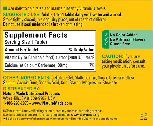 Nature Made Vitamin D3 2000 IU (50 mcg), 220 Tablets, Dietary Supplement for Bone, Teeth, Muscle, Immune Health