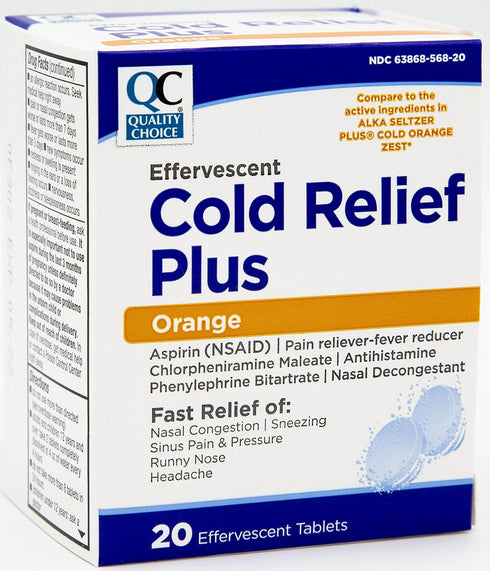 Quality Choice Cold Medicine, Effervescent Cold Relief Plus Orange, Pain Reliever & Fever Reducer, Congestion, Sneezing, Sinus Pressure, Runny Nose, and Head Ache Relief in 20 Count Flavored Tablets