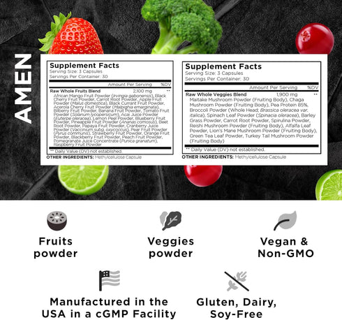 Amen Fruits + Veggies Vitamins Bundle - Raw Whole Food Multivitamin Capsules, Non-GMO, 180 ct, Greens & Red Fruits