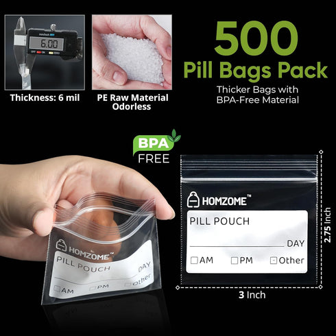 Homzome 6 Pack 500- 3x2.75 inches Homezome Pill Pouch Bags mil of BPA Free Reusable Pill Pouches for Medicine