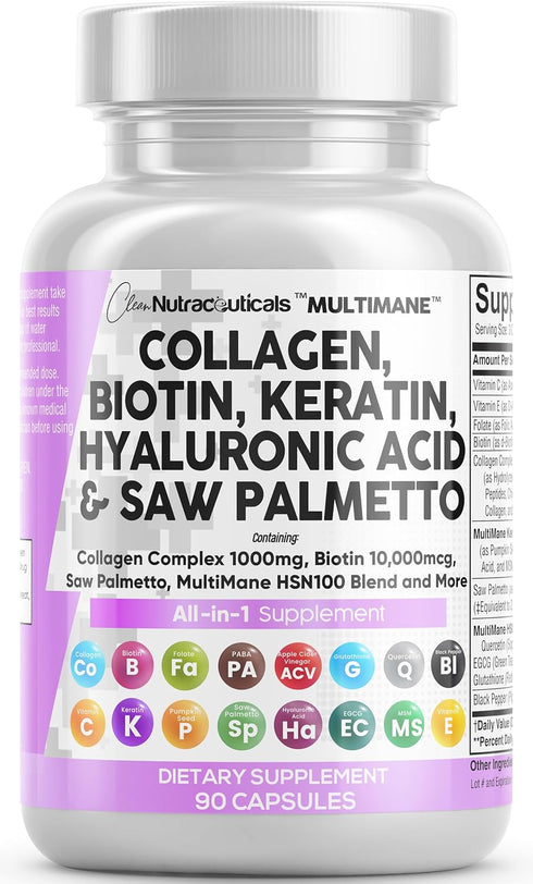 Hair Skin and Nails Vitamins - Collagen Pills 1000mg, Biotin 10000mcg, Keratin 2500mg, DHT Blocker, 90 Count