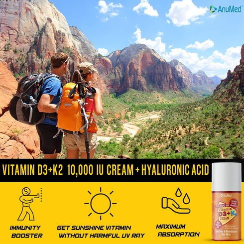 ANUMED Vitamin D3 with K2 10,000 IU Cream + Magnesium + Hyaluronic Acid + Vitamin E - Promotes Stronger Bones, Travel