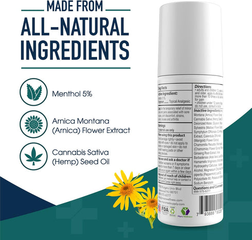 MARS WELLNESS MG+ Cooling Roll on Pain Relief (3 oz) - Fast Acting Arnica Roll on with 5% Menthol for Sore Muscle Pain