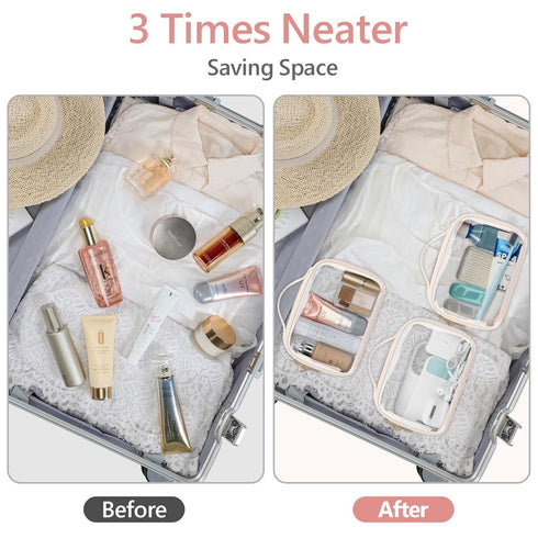 PACKISM Floral Texture Lace TSA Approved Toiletry Bag - 180° Large Opening Clear Makeup Bags for Traveling, Beige