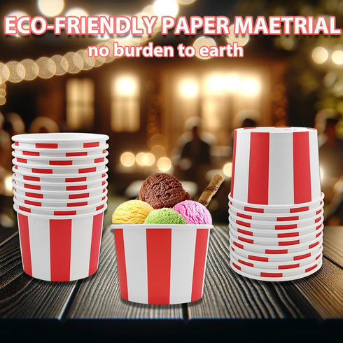 50 Pcs Red White Striped Ice Cream Cups, Disposable Paper Snack Bowls, 9oz Circus Carnival Dessert Containers