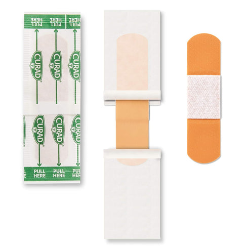 Wrapper.75" 3", 30 Count Curad Germ Shield Touch-Free Adhesive Bandage, Plastic Bandage with Easy Application x