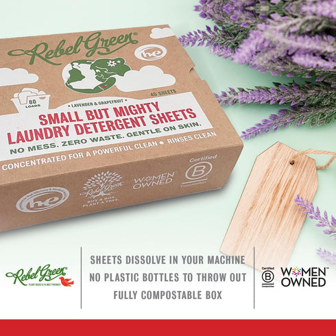 Rebel Green Eco-Friendly Laundry Detergent Sheets, Fresh Lavender & Grapefruit Scent (40 Sheet Pack)