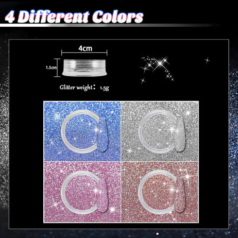 Allstarry Diamond Nail Glitter, 4 Colors Sparkling Korea Reflective Glitter Dust for Nail Art, Gel Polish Crafts, Disco