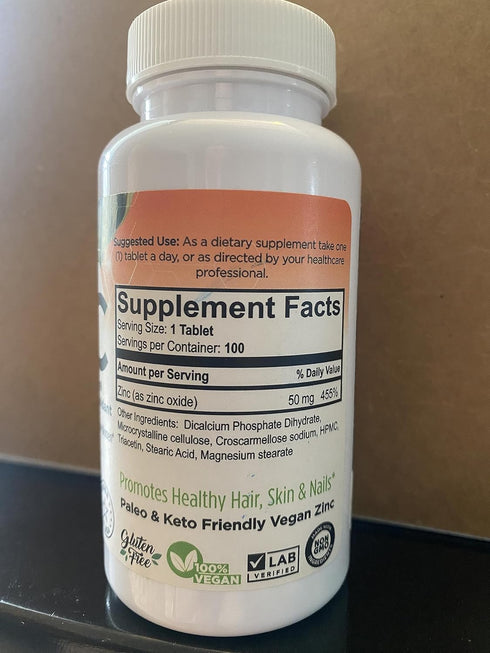 Zinc Supplements (100 Tablets) - Vegan 50mg Daily Supplement for Sensitive Stomachs, Non-GMO