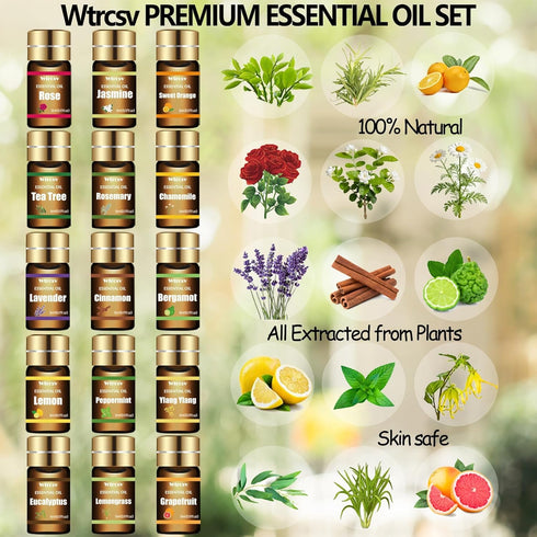 Set 15 Set (5ml) Essential Oils - Top Scents for Diffuser, Humidifier, Skin Care, Aromatherapy, Massage, Candle & Soap