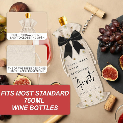 LOhgys Aunt Pregnancy Announcement Wine Bag, Pairs Well with Becoming an Aunt Daisy Print Linen Bottle Bag, New Baby