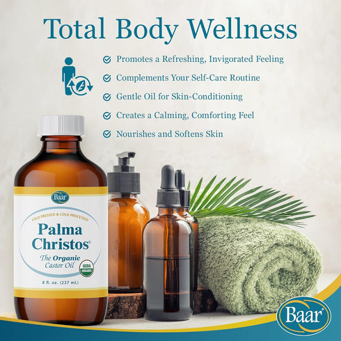 Packs, 8 oz. Baar Palma Christos Organic Castor Oil, Cold-Pressed, Hexane-Free, USDA Certified, for Skin, Hair, Massage