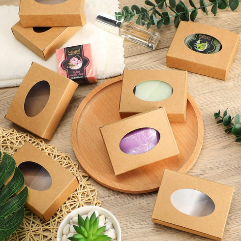 Spakon 30pcs Kraft Paper Soap Boxes for Homemade Gifts, 3.78 x 2.76 x 1.18 Inches with Window (Brown)