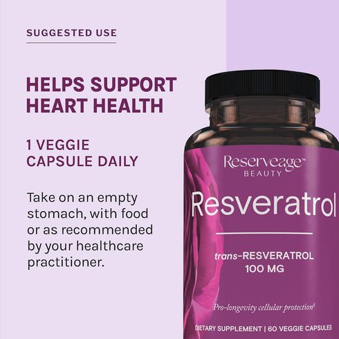 Reserveage Beauty Resveratrol 100 mg, 60 Capsules for Heart & Cellular Health