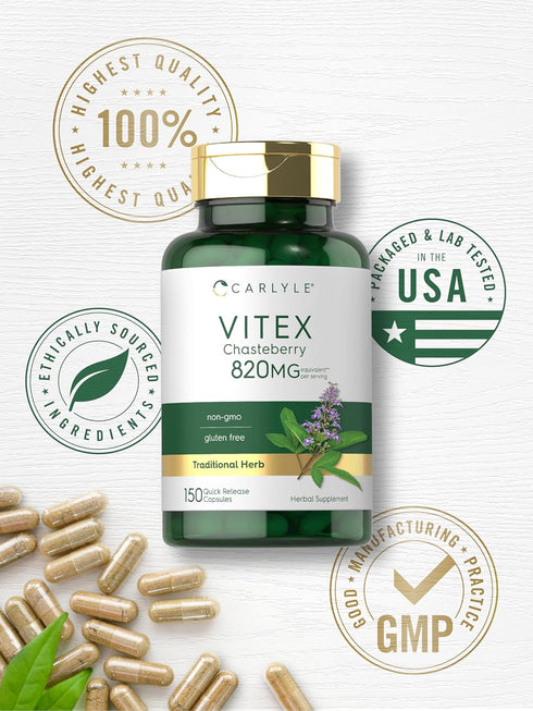 Carlyle Vitex Chasteberry Supplement | 820mg | 150 Capsules | Non-GMO, Gluten Free