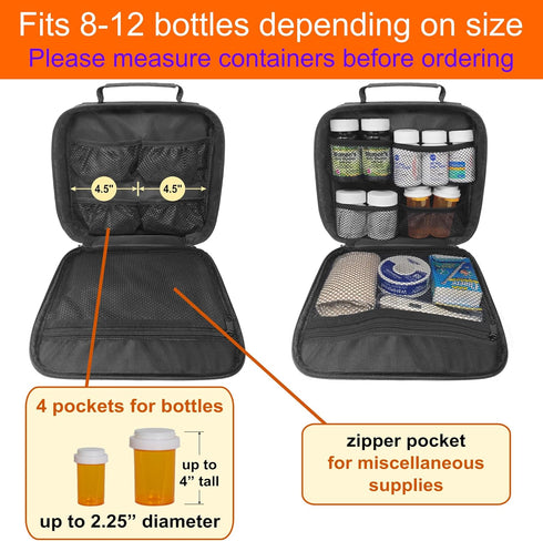 Pack 2 of - Medium Travel Pill Bottle Organizer, Slim Medicine Bag, Carrier for Medications and Medical Supplies