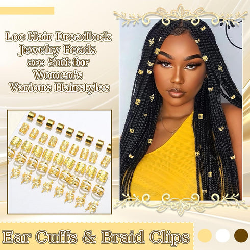 NAISKA 50Pcs Gold Hair Jewelry - Adjustable Hair Rings and Non-Piercing Ear Cuffs for Women and Men