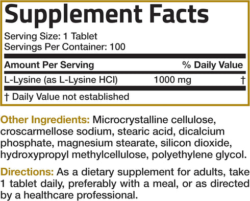 Bronson L-Lysine Extra Strength 1000 MG Tablets, Immune Support & Collagen Synthesis, Non-GMO