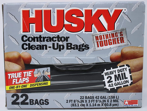 Husky Heavy Duty Contractor Clean-Up Bag, Poly, 42 Gallon, 4 ft L x 2 ft 9 in W x 2 mil T, Black