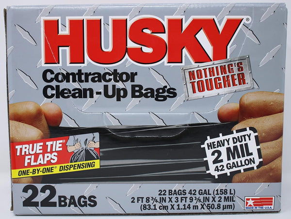 Husky Heavy Duty Contractor Clean-Up Bag, Poly, 42 Gallon, 4 ft L x 2 ft 9 in W x 2 mil T, Black