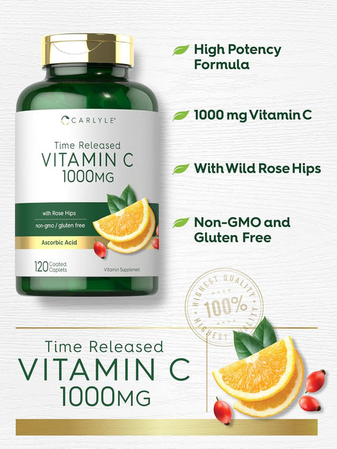 Carlyle Vitamin C 1000mg, Timed Release, 120 Vegetarian Caplets with Rose Hips, Non-GMO & Gluten Free Supplement