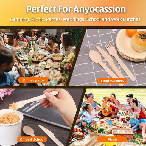 KETWOD 120-Piece Set: 40 40 40 100% Commercial Natural Wooden Cutlery Forks, Knives, Spoons, compostable/biodegradable