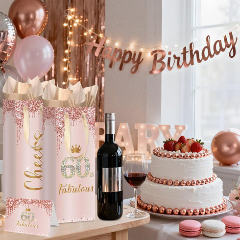 Yoirrat 60th 60 60 Birthday Wine Gift Bag for Women with Tissue Paper Card Rose Gold & Fabulous Decorations Large