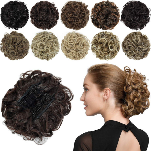Rose Bud Chignon Hairpiece, Curly Bun Extensions Scrunchie Updo Synthetic Combs for Women, Medium Brown