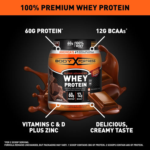 Body Fortress Super Advanced Whey Protein Powder, Chocolate, Immune Support (1), Vitamins C & D Plus Zinc, 1.78 lbs (Packaging May Vary)