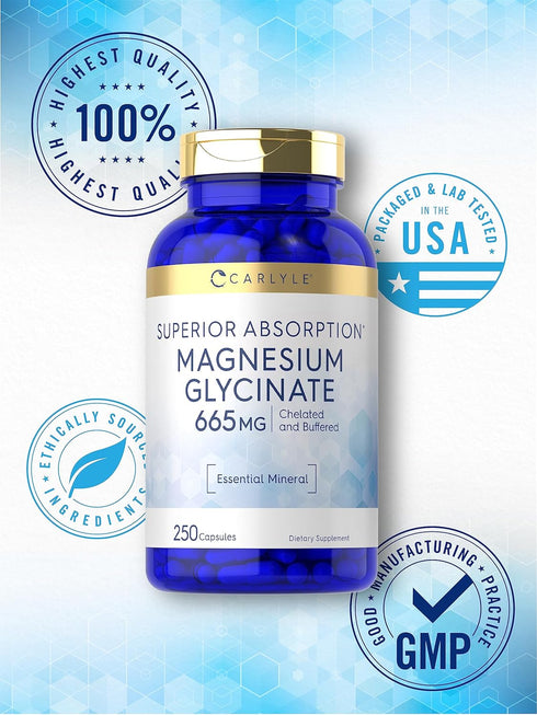 Carlyle Magnesium Glycinate, 665 mg, 250 Capsules, Non-GMO, Gluten Free Buffered Mineral Supplement