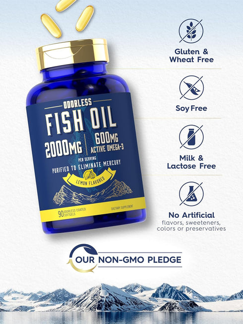 Carlyle Fish Oil 2000mg - 600mg Omega 3 with EPA & DHA, 90 Odorless Softgels, Lemon Flavored Supplement, Non-GMO &