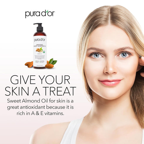 PURA D'OR 16 Oz ORGANIC Sweet Almond Oil, 100% Pure & Natural Cold Pressed Carrier Oil for DIY Beauty