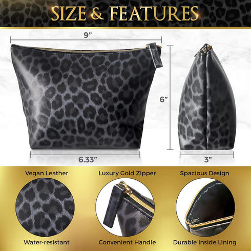 Vegan Leather Black Leopard Print Makeup Bag, Cute Travel Accessories Small Cosmetic Zipper Pouch
