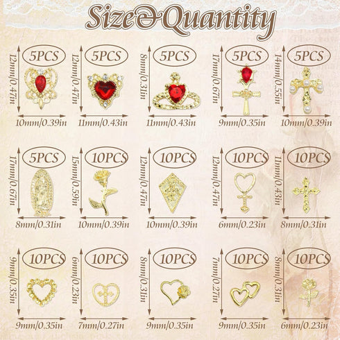 RODAKY 120PCS Gold Nail Charms, 3D Heart Crystal Rhinestone Rose Charms for Luxury Nail Decoration