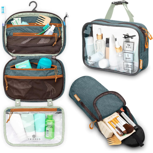 Toiletry Bag Kit Set: Hanging Travel Bag + 311 TSA Cosmetic Liquid Bag + Ultralight Organizer Pouch (Green)