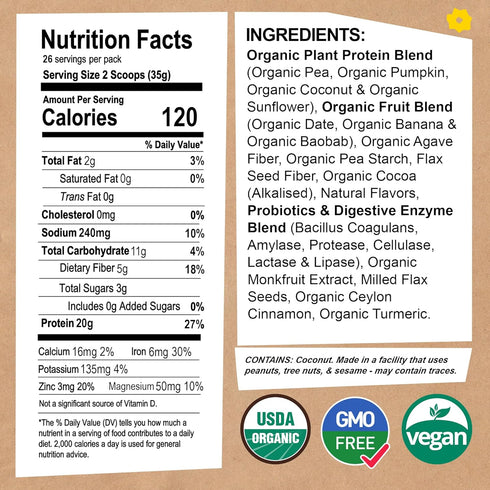 EarthChimp Organic Vegan Protein Powder - 32 Oz (Vanilla) - 26 Servings - Non GMO, Dairy Free, Gluten Free, Plant Based