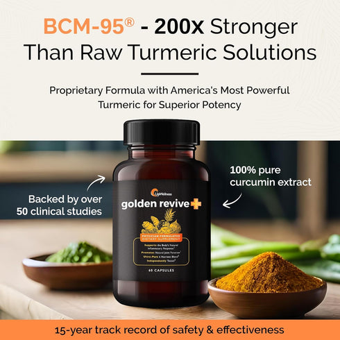 Golden Revive + Joint Support Supplement - Turmeric with Black Pepper, Quercetin, Magnesium, 60 Capsules
