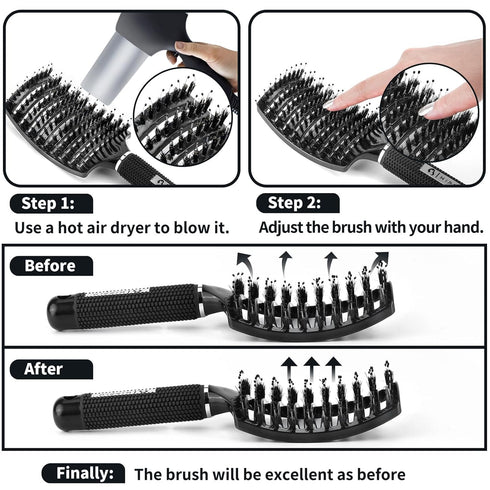 HIPPIH 2 Pack Boar Bristle Hair Brush, Wet & Dry No Pull Curved Vented Detangler for Kids & Men