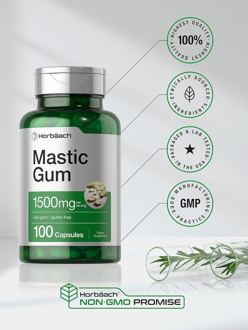Horbaeach Mastic Gum Capsules, 1500mg, Non-GMO & Gluten Free (100 Count)
