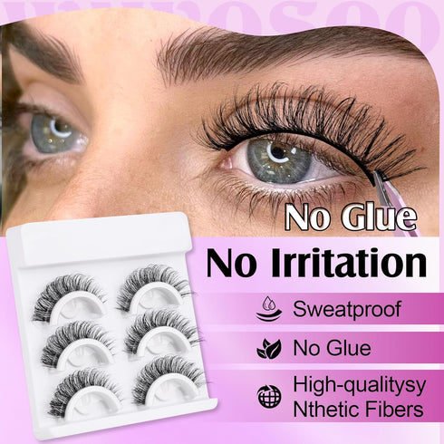 wiwoseo False Eyelashes - Self-Adhesive Natural Wispy Fluffy 16MM Faux Mink Lashes, Reusable